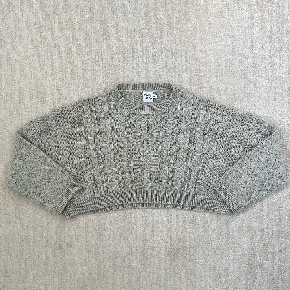 Princess Polly Oversized Cropped Chunky Cable Knit Fisherman Gray Sweater S/M